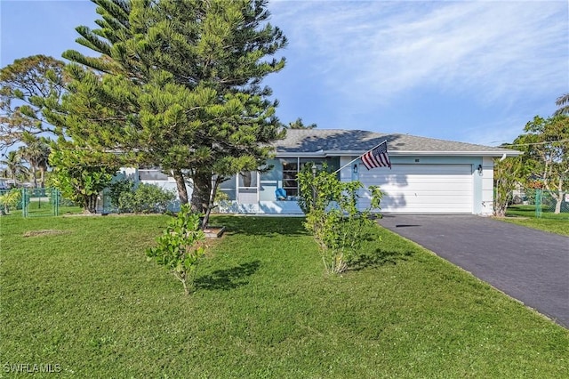 ranch-style home featuring a garage, driveway, and a front yard