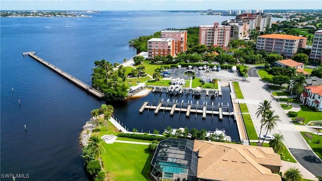 bird's eye view with a water view