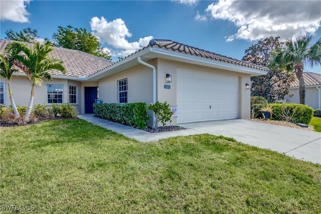 single story home with a garage and a front yard