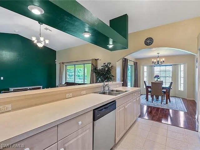 kitchen featuring hanging light fixtures, sink, a chandelier, and dishwasher