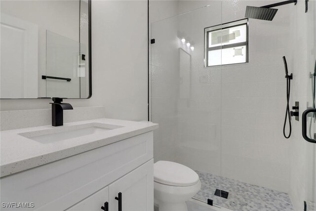 bathroom with vanity, a tile shower, and toilet