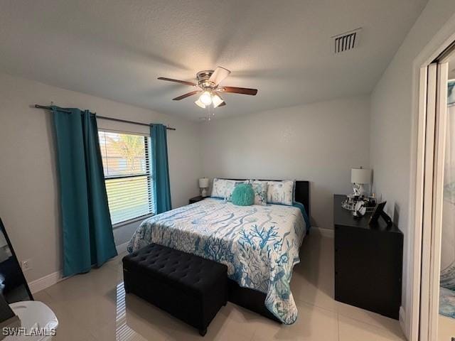 bedroom with ceiling fan, visible vents, and baseboards