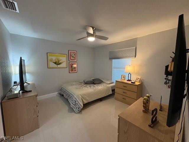 bedroom featuring ceiling fan, visible vents, and baseboards