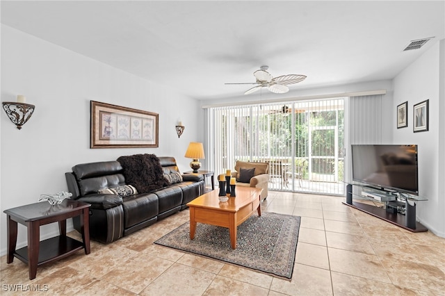 living area with light tile patterned floors, visible vents, and a ceiling fan