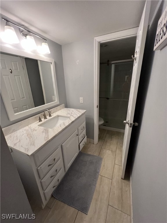 bathroom with vanity, toilet, and a shower with shower door