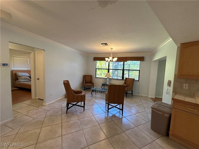 tiled dining space with crown molding and a chandelier