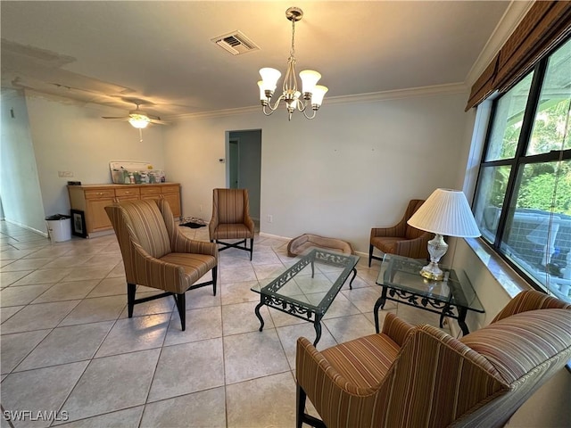 living room with light tile patterned flooring, ceiling fan with notable chandelier, and crown molding