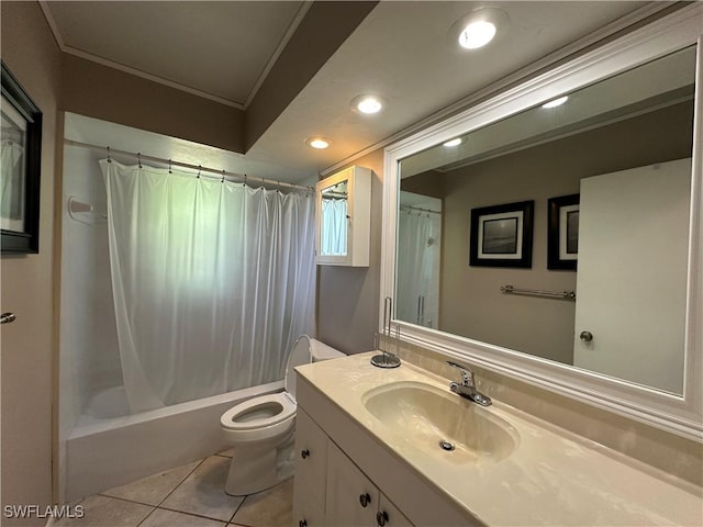 full bathroom featuring tile patterned floors, toilet, crown molding, vanity, and shower / bath combination with curtain