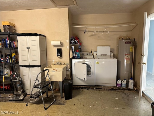 laundry room with electric water heater, sink, and washer and clothes dryer