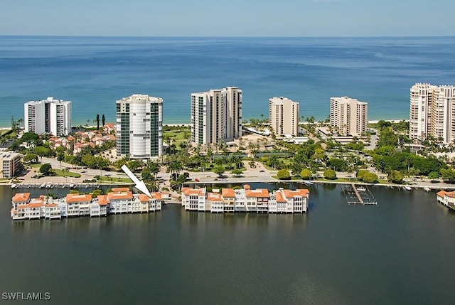 drone / aerial view with a water view