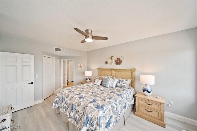 bedroom with ceiling fan and light wood-type flooring