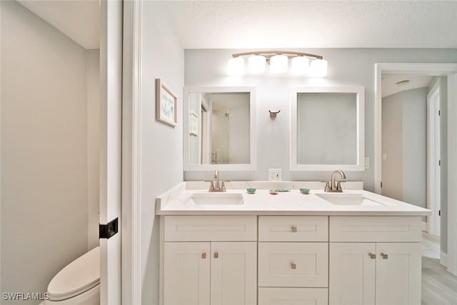 bathroom with vanity, toilet, and a textured ceiling