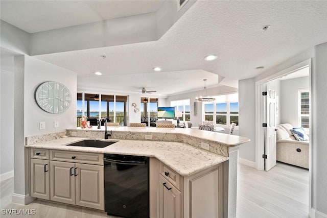 kitchen featuring black dishwasher, sink, light stone countertops, and light hardwood / wood-style flooring