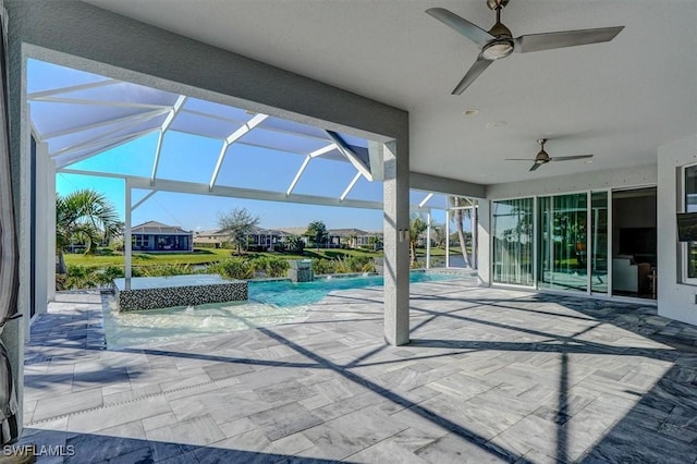 pool featuring ceiling fan, a patio, and a lanai