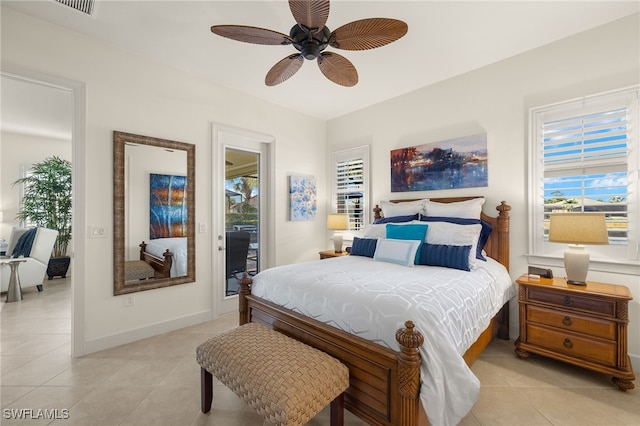 tiled bedroom featuring access to exterior and ceiling fan