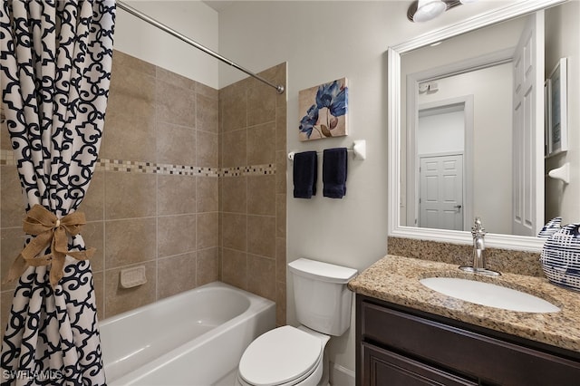 full bathroom with vanity, toilet, and shower / bathtub combination with curtain