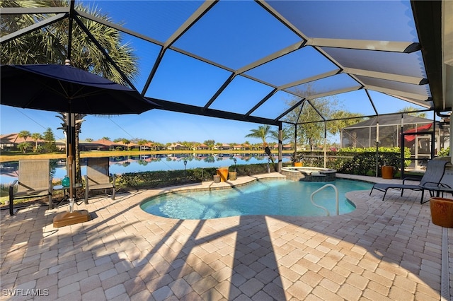 view of swimming pool with a patio, an in ground hot tub, a water view, and glass enclosure