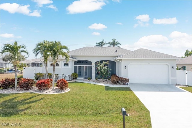 ranch-style house with a garage and a front lawn