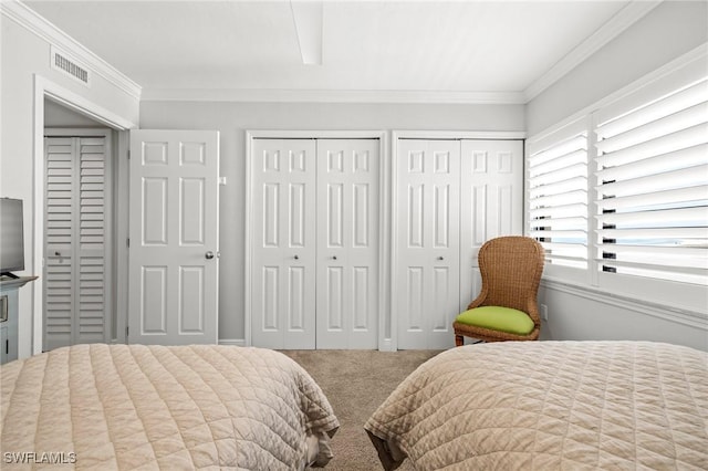 carpeted bedroom featuring crown molding and two closets