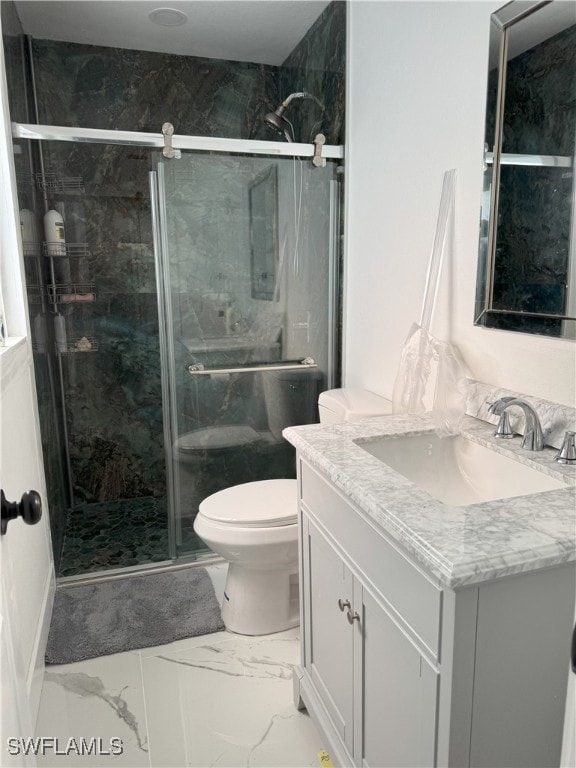 bathroom featuring vanity, toilet, and a shower with shower door