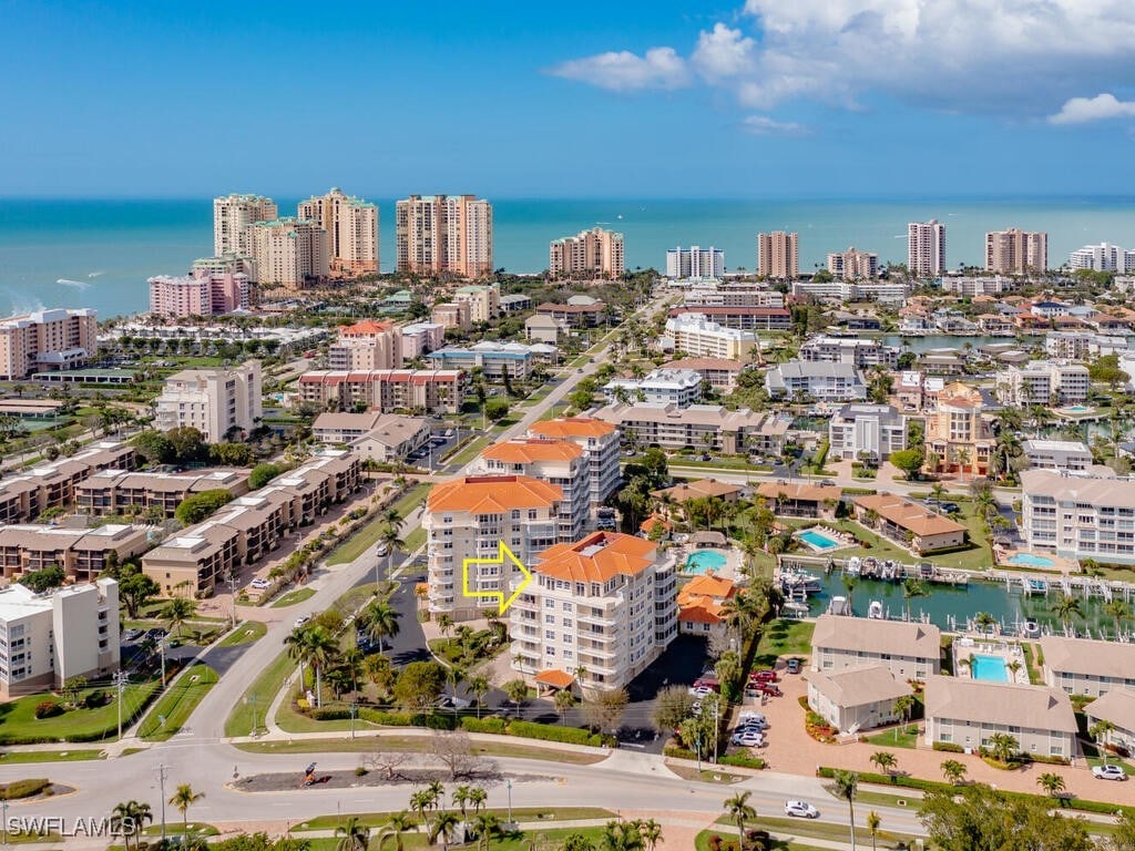 bird's eye view with a water view