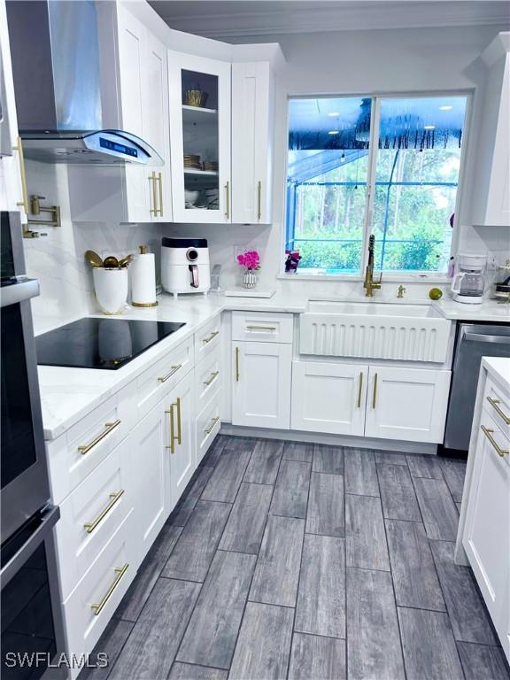 kitchen featuring sink, appliances with stainless steel finishes, ornamental molding, white cabinets, and wall chimney exhaust hood