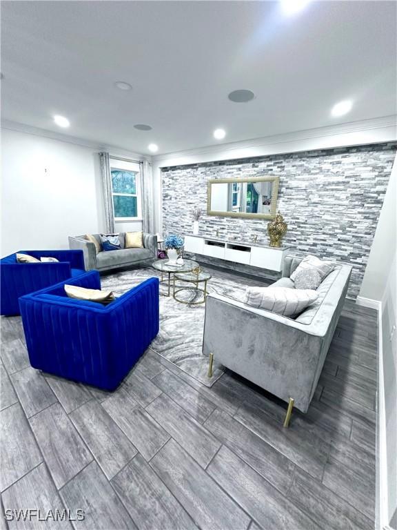 living room featuring ornamental molding