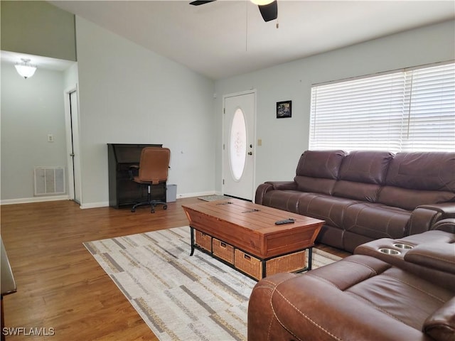 401 SE 8th Ter, Cape Coral, FL 33990 - living area with a ceiling fan, wood finished floors, an office area, baseboards, and vaulted ceiling