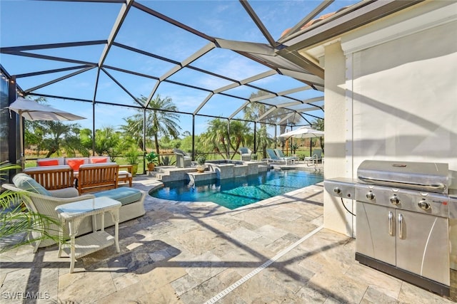 view of pool featuring a patio area, an in ground hot tub, outdoor lounge area, and glass enclosure