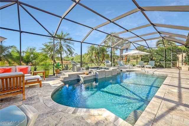 view of swimming pool featuring an outdoor hangout area, a patio area, and glass enclosure