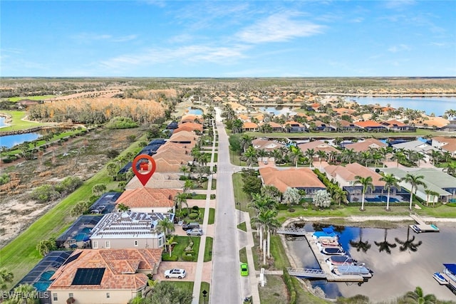 drone / aerial view featuring a water view