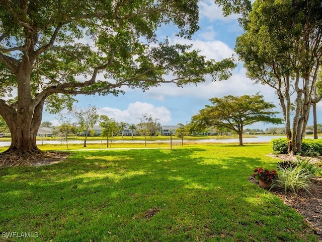 view of community featuring a lawn and a water view