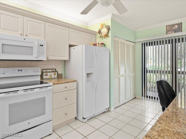 kitchen featuring backsplash, light tile patterned floors, ceiling fan, crown molding, and white appliances