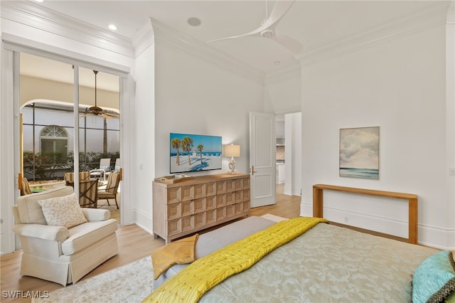 bedroom featuring crown molding and light wood-type flooring