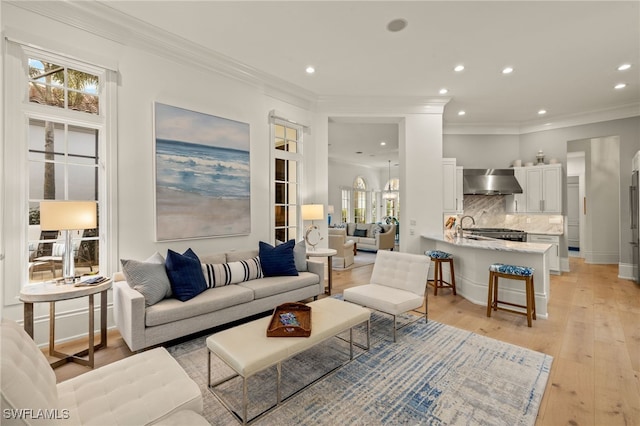 living room featuring crown molding and light hardwood / wood-style floors