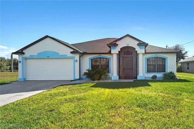 ranch-style home featuring a garage and a front yard