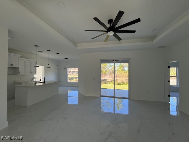 unfurnished living room with a tray ceiling and sink