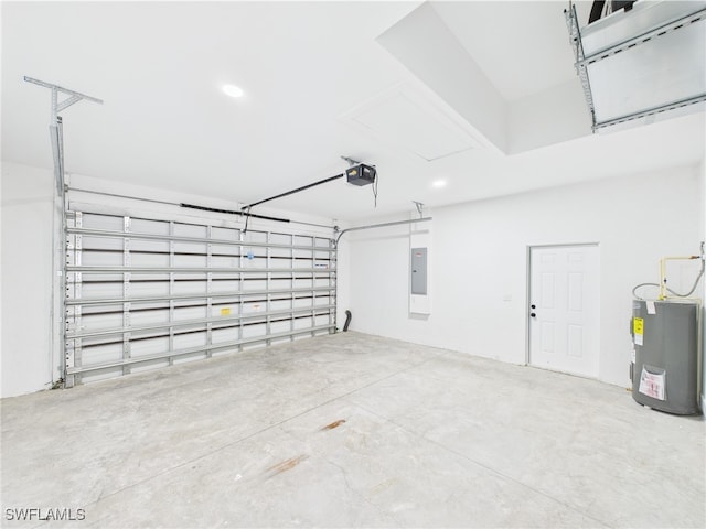 621 Allison St E, Lehigh Acres, FL 33974 - garage with electric panel, water heater, a garage door opener, and recessed lighting
