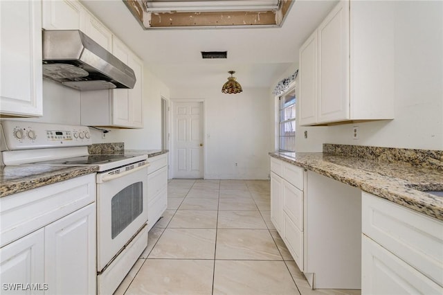 kitchen with light tile patterned floors, white electric range oven, white cabinetry, light stone countertops, and under cabinet range hood