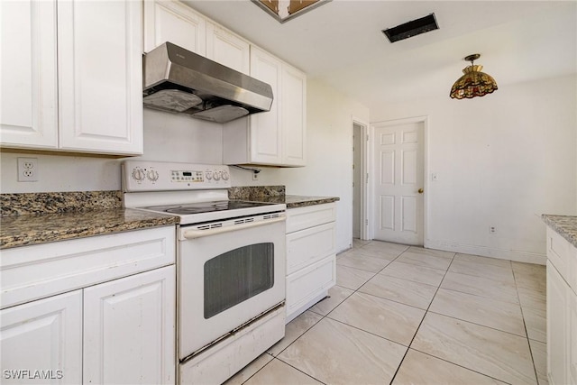 kitchen with dark stone countertops, white electric range, ventilation hood, and white cabinetry