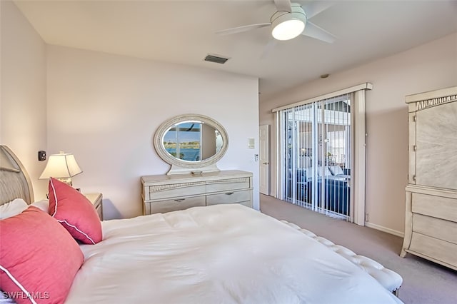 carpeted bedroom featuring ceiling fan and access to outside