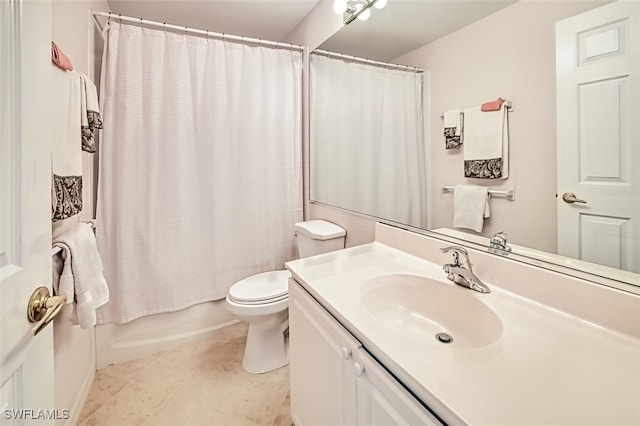 full bathroom featuring toilet, tile patterned floors, vanity, and shower / bathtub combination with curtain