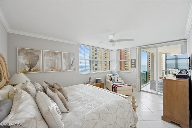 bedroom featuring ceiling fan, ornamental molding, access to outside, and light tile patterned floors