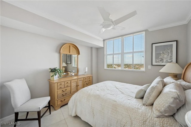 bedroom featuring light tile patterned floors, crown molding, and ceiling fan