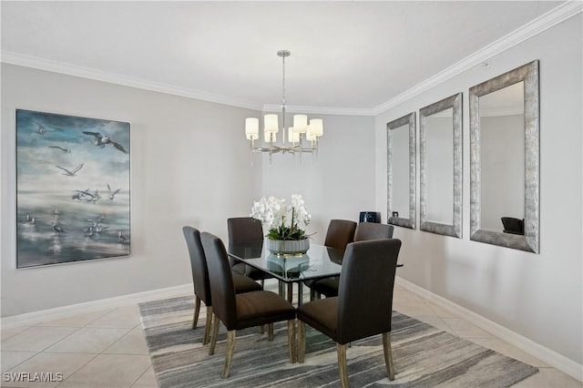 tiled dining room with a notable chandelier and crown molding