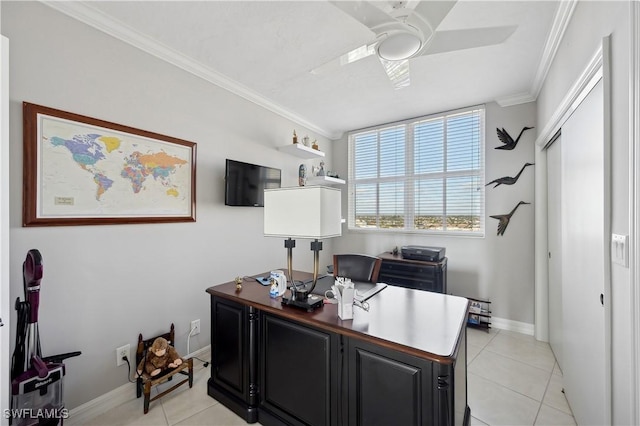 office area featuring ceiling fan, ornamental molding, and light tile patterned floors