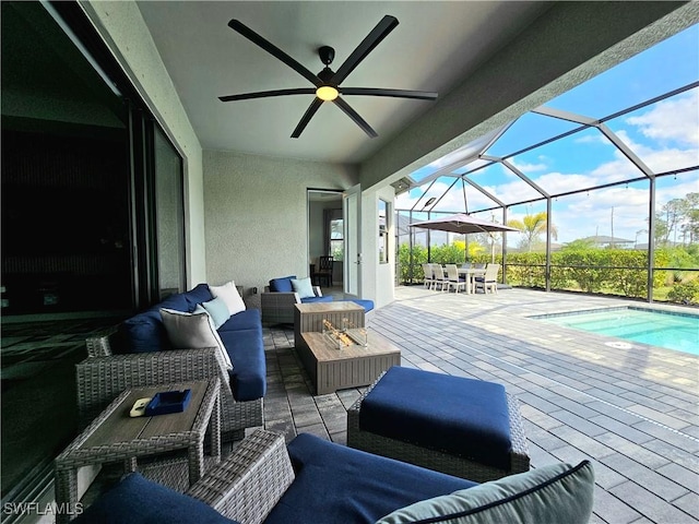 11637 Russet Trl, Fort Myers, FL 33913 - exterior space featuring outdoor lounge area, an outdoor pool, glass enclosure, outdoor dining space, and ceiling fan