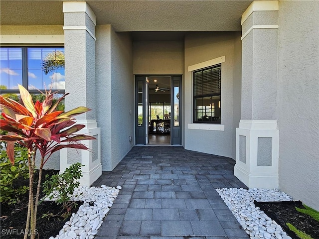 view of exterior entry featuring stucco siding