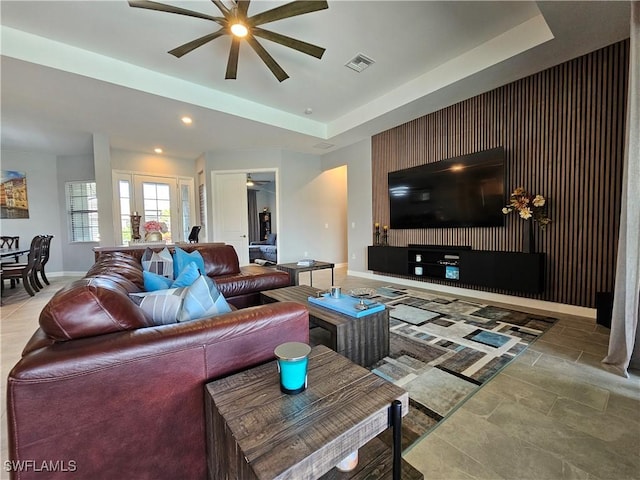 11637 Russet Trl, Fort Myers, FL 33913 - living room with ceiling fan, baseboards, stone finish floor, visible vents, and recessed lighting