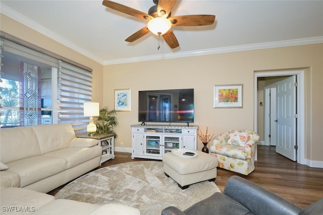 living room featuring crown molding, ceiling fan, and hardwood / wood-style flooring